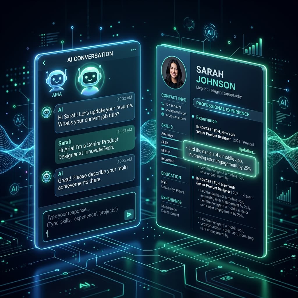 A 3D illustration of an interactive AI chat interface guiding a user to refine their resume experiences.