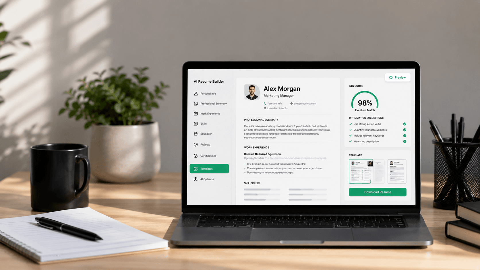 A modern workspaces desktop with a laptop screen displaying a resume builder application.