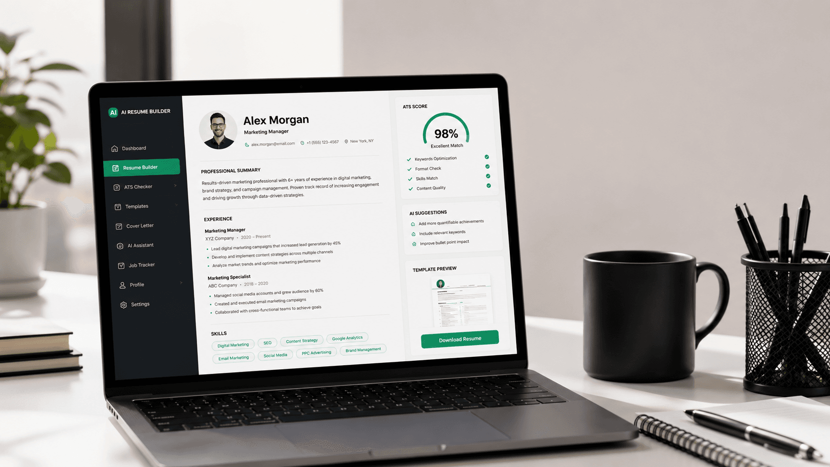 A professional writing a resume using a modern AI-powered laptop in a bright office environment.