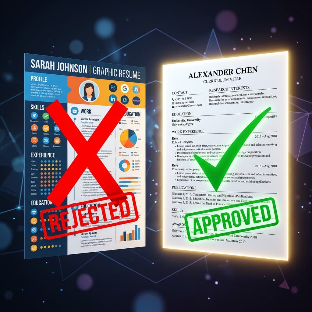 A colorful visual resume with a large red cross of rejection next to a clean, single-column LaTeX resume with a green checkmark of approval.